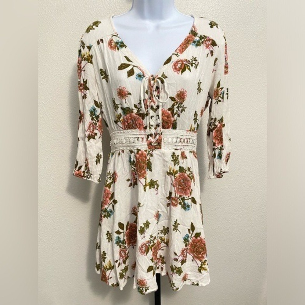 Floral Boho Festival Dress M Indie Earthy Lace Up